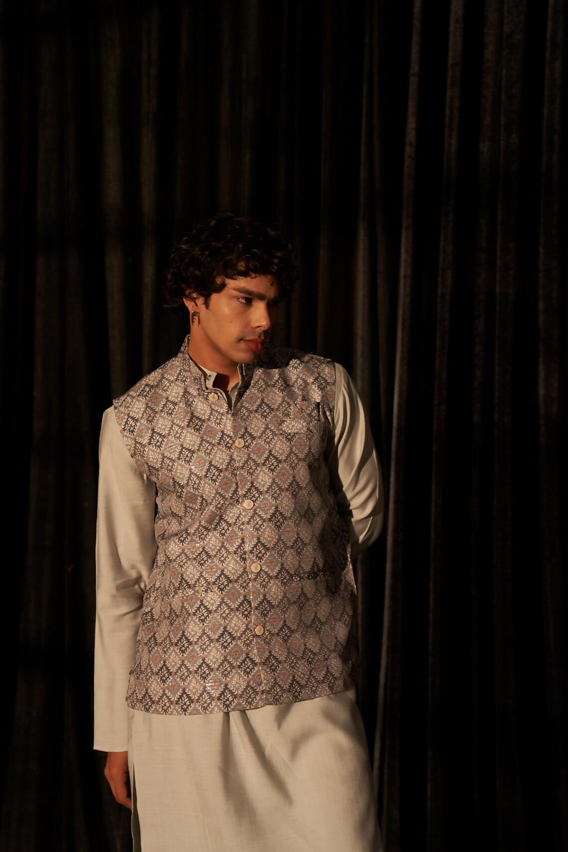 Grey Viscose Designer Printed Men's Kurta Set with Koti - Mahotsav