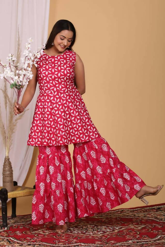 Vamika Women Printed Cotton Pink Party Wear/Casual Wear Kurta Set/Suit