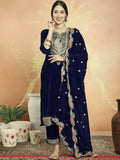Jyoti Fashion Women's Navy Blue Velvet Cording with Resham Thread & Sequin Kurta with Trouser & Dupatta