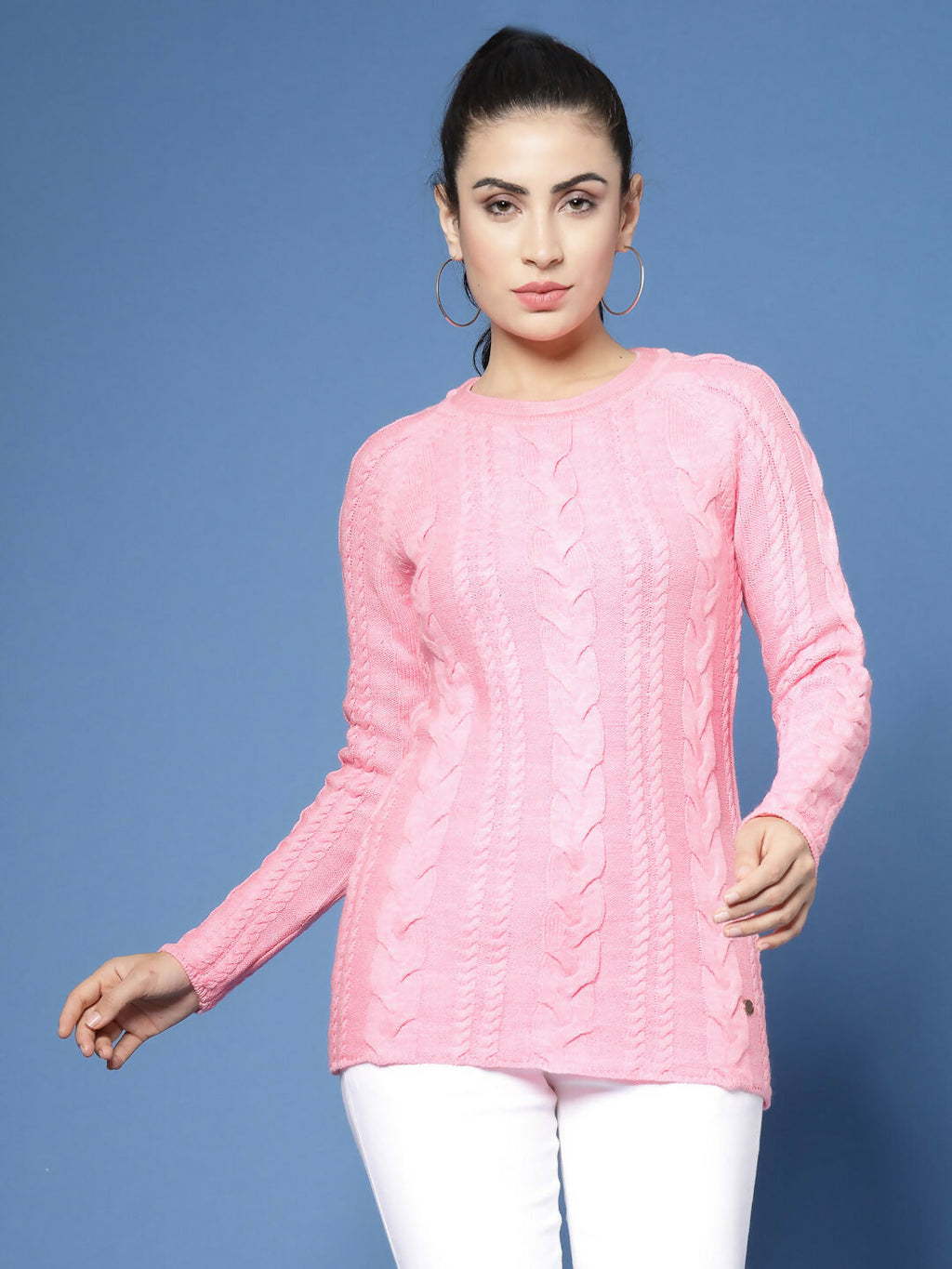 Women Pink Acrylic Self Design Winter Dress - Wool Trees