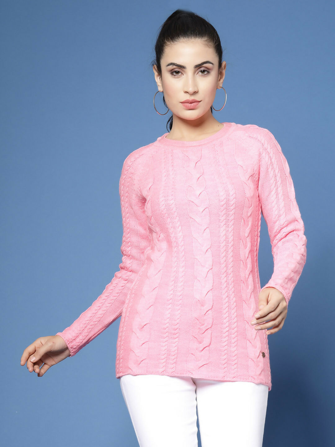 Women Pink Acrylic Self Design Winter Dress - Wool Trees