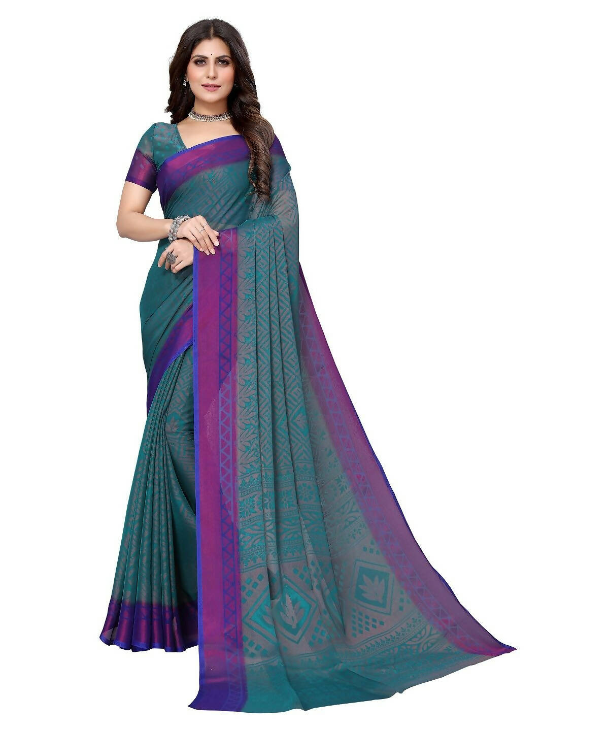 Vamika Rama Green Chiffon Brasso Bollywood Style Woven Saree (BAMBI RAMA)