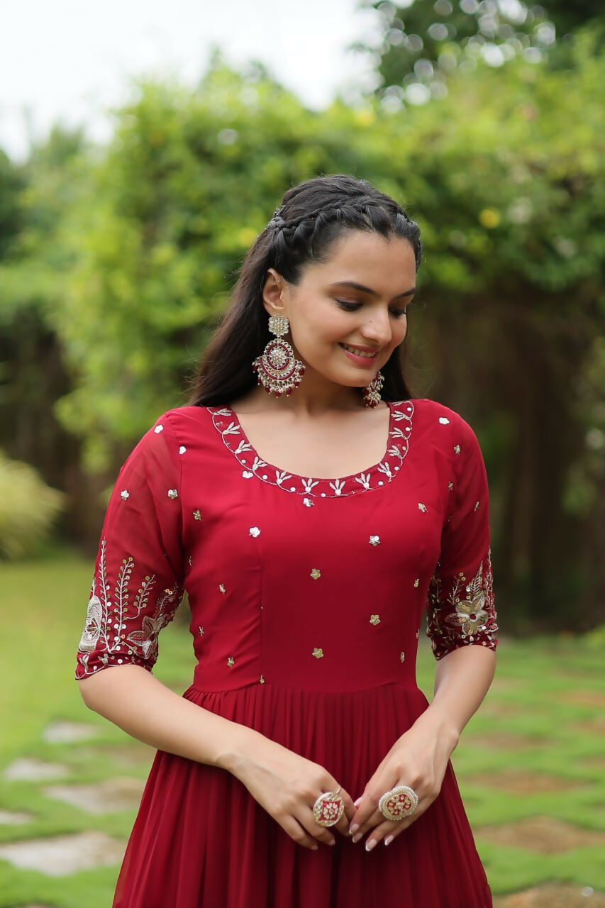 Vastranavya Premium Designer Faux Blooming with Embroidery Zari Sequins work Gown - Red