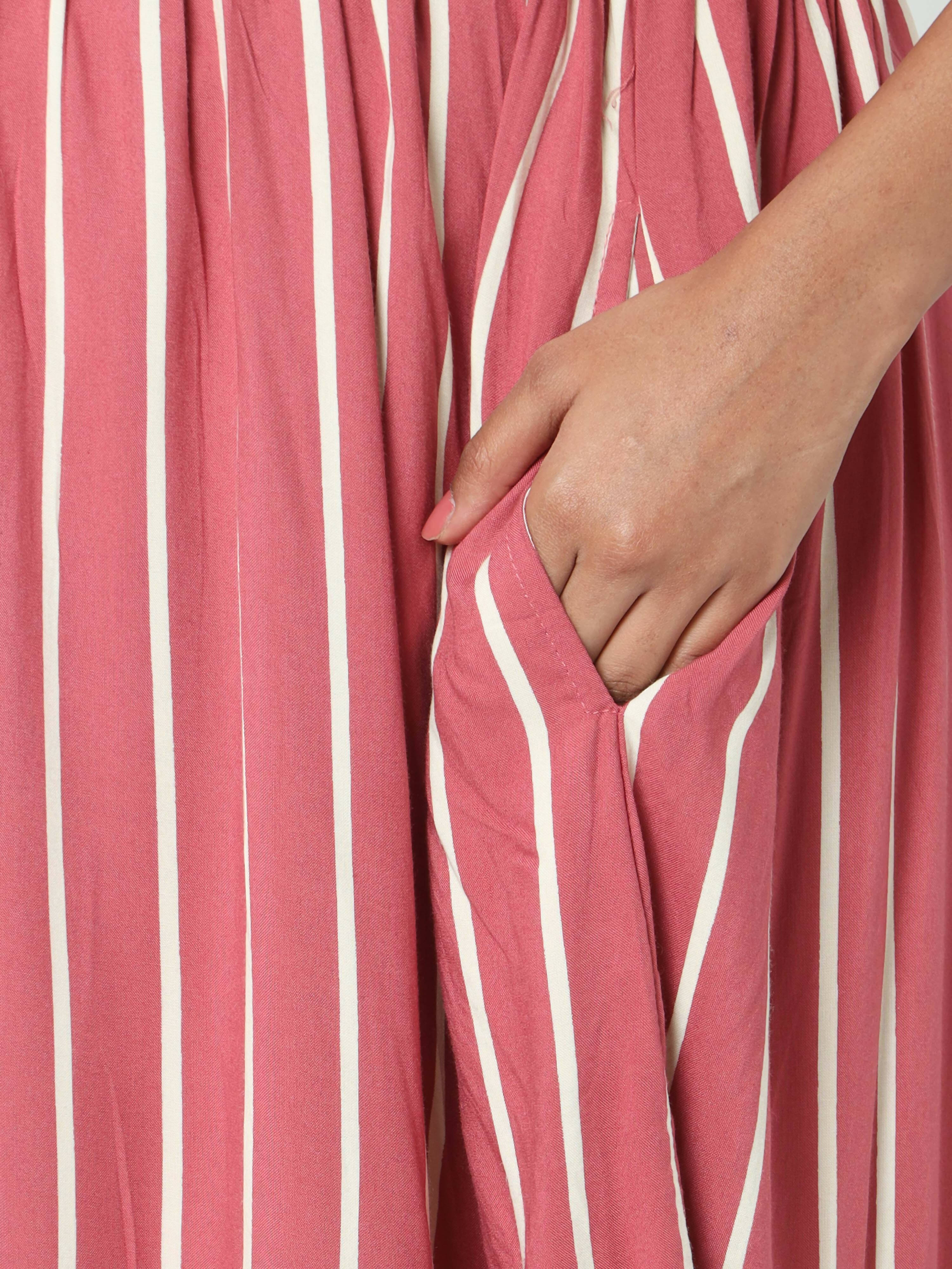 Manet Three Fourth Maternity Dress Striped With Concealed Zipper Nursing Access - Pink