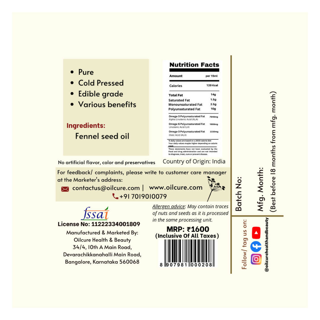 Oilcure Fennel Seed Oil (Saunf) Cold Pressed