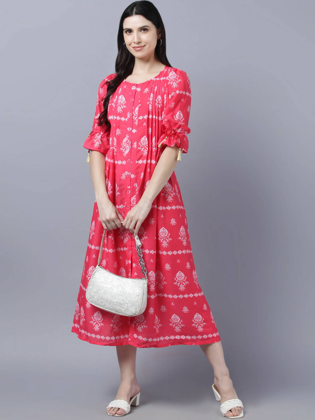 Myshka Women's Pink White Ethnic Motifs Printed Maxi Dress