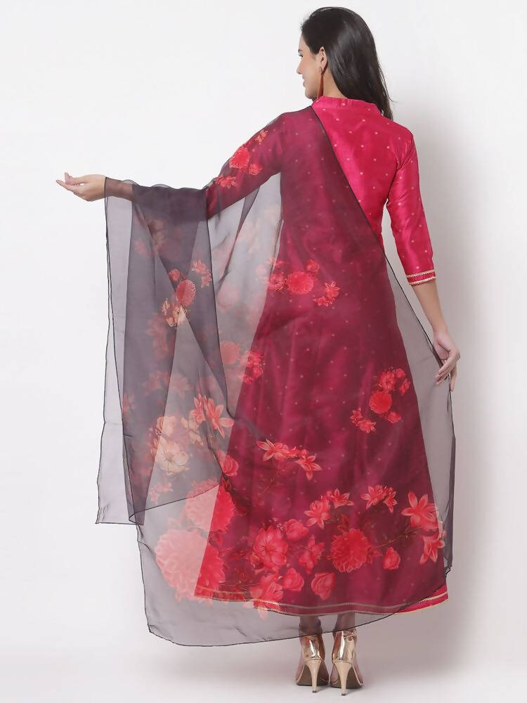 Myshka Women's Pink Silk Solid 3/4 Sleeve Round Neck Casual Anarkali Gown with Dupatta