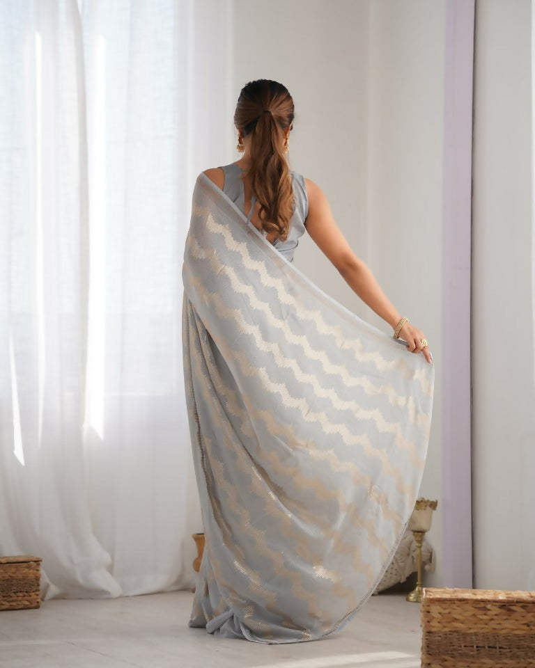 Grey Georgette Sequance Embroidery Work Border Saree - Sitare