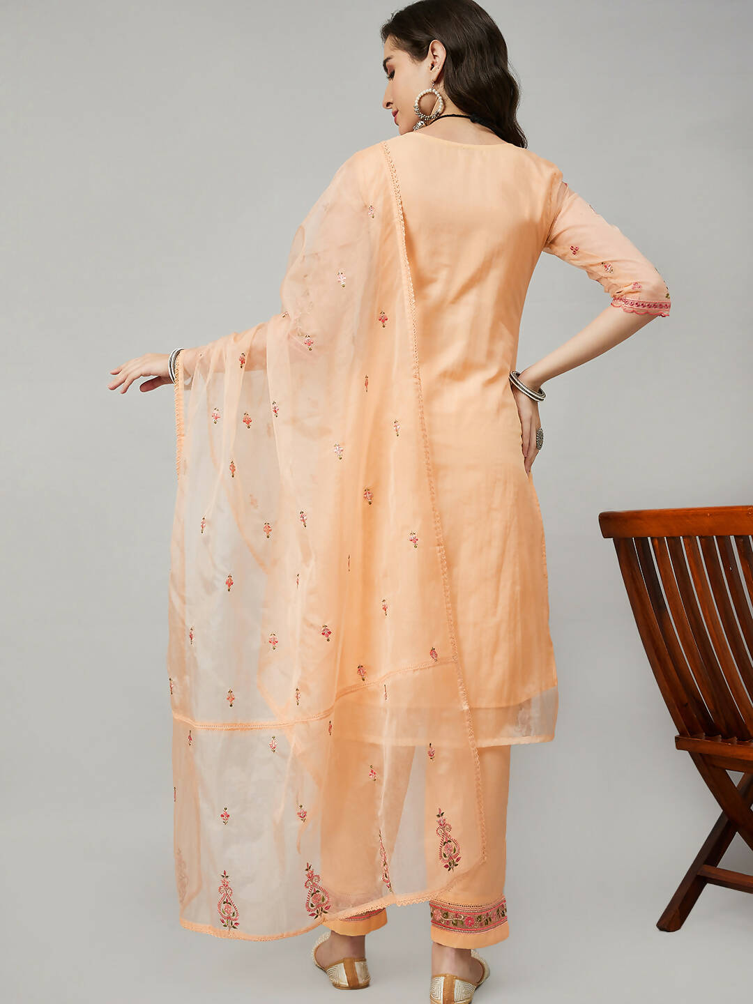 Orange Organza Embroidered Kurta with Bottom & Dupatta - Salimar