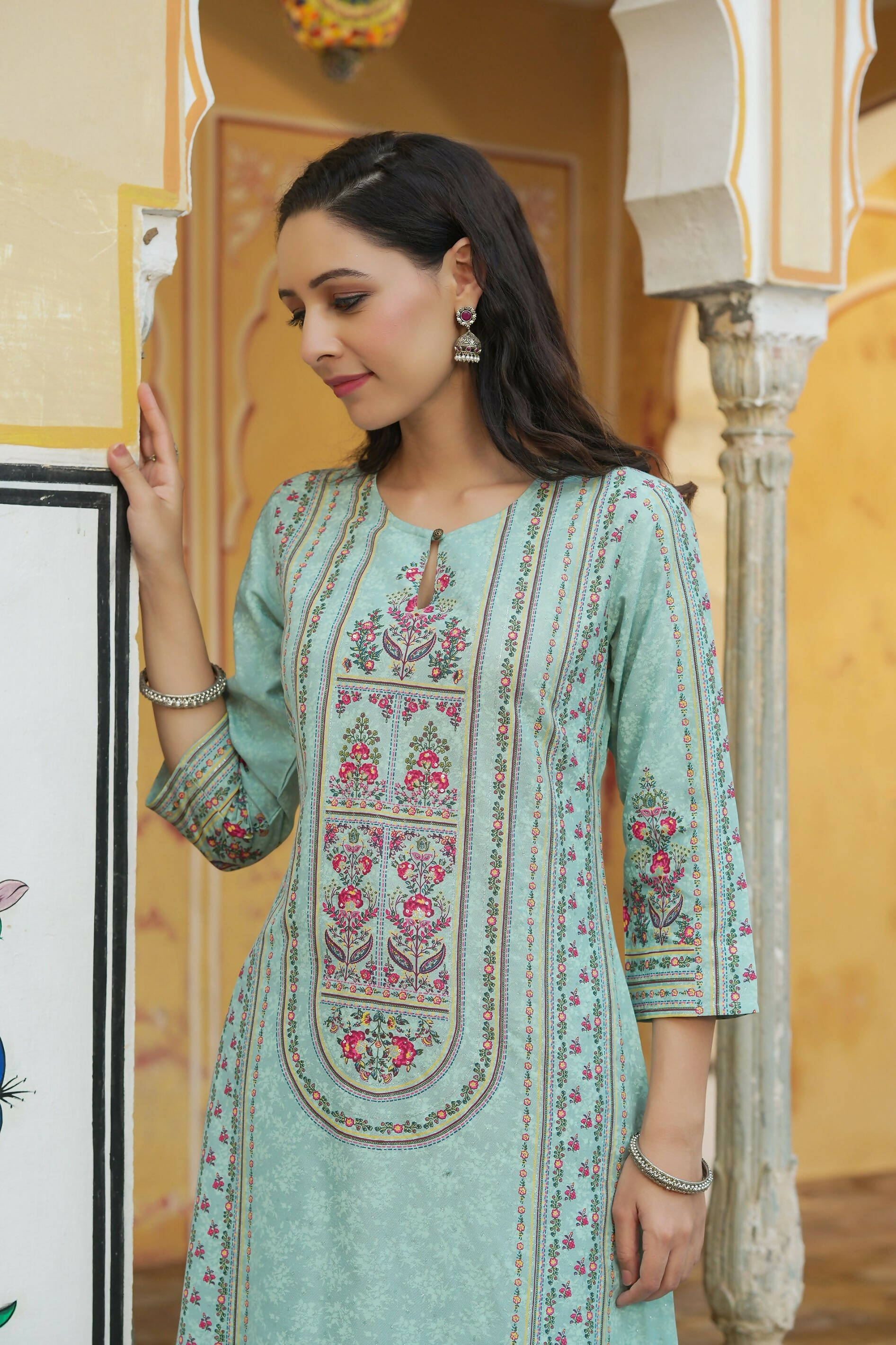 Juniper Women's Sky Blue Rayon Staple Printed A-Line Kurta