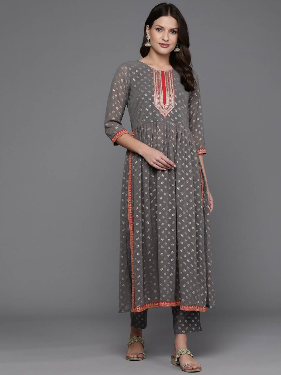 Ahalyaa Women Ethnic Motifs Printed Pleated Sequinned Kurta with Trousers - Grey Color