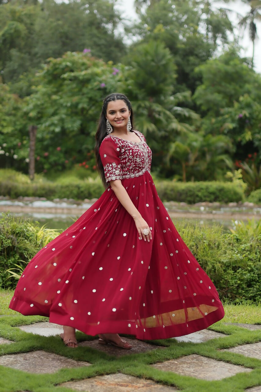 Vastranavya Premium Designer Faux Blooming with Embroidery Zari Sequins work Gown - Maroon