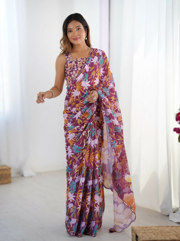 Wine Chinon Designer Digital Printed,Mirror Cut Work Saree - Elayna