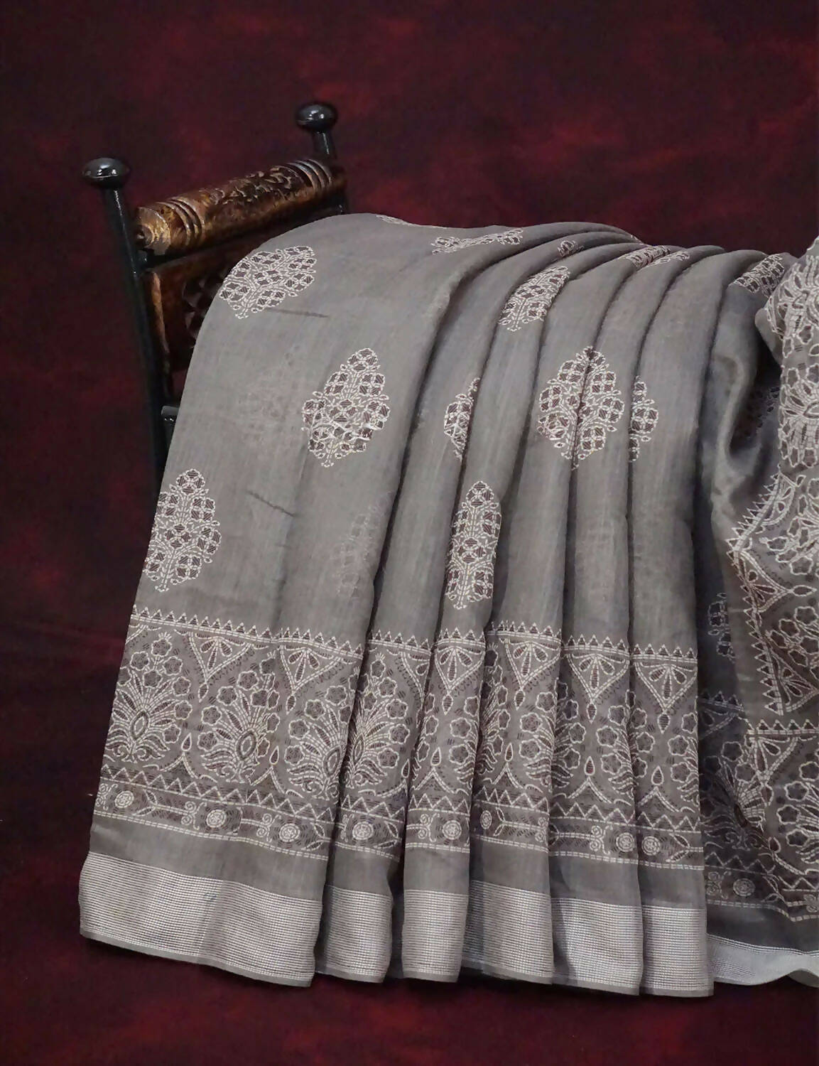 Grey Colored Block Printed Semi Chanderi Saree By Gayathri Reddy Designer Studio