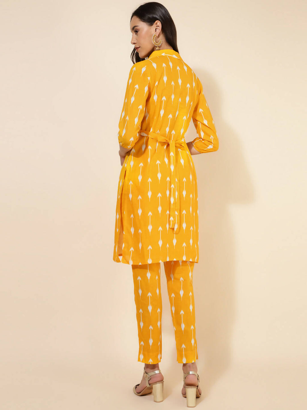 Janasya Women's Yellow Cotton Ikkat Printed Casual Straight Co-ords
