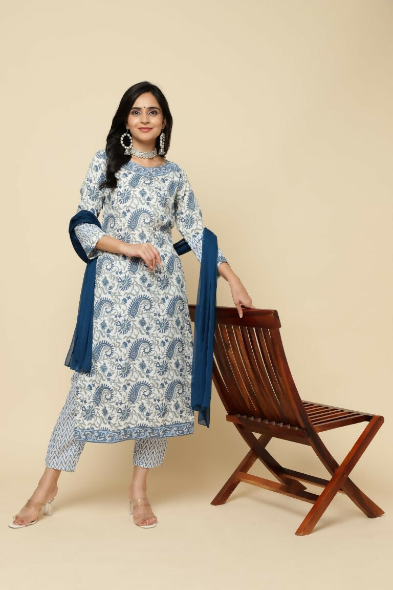 Designer Stylish White Keri cotton Stitched Suit With Dupatta - Tanisha