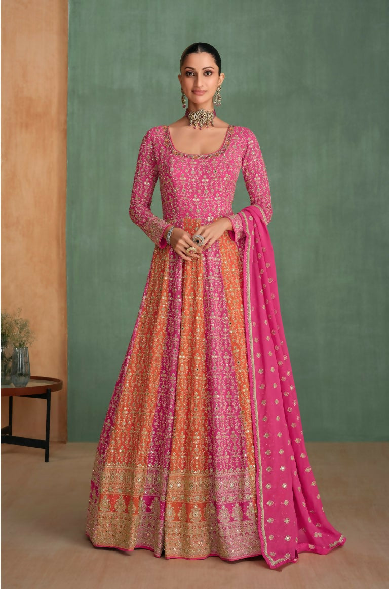 Vastranavya Pink Embroidered Sequence Work With swarovski Diamond Anarkali Salwar Suit Set