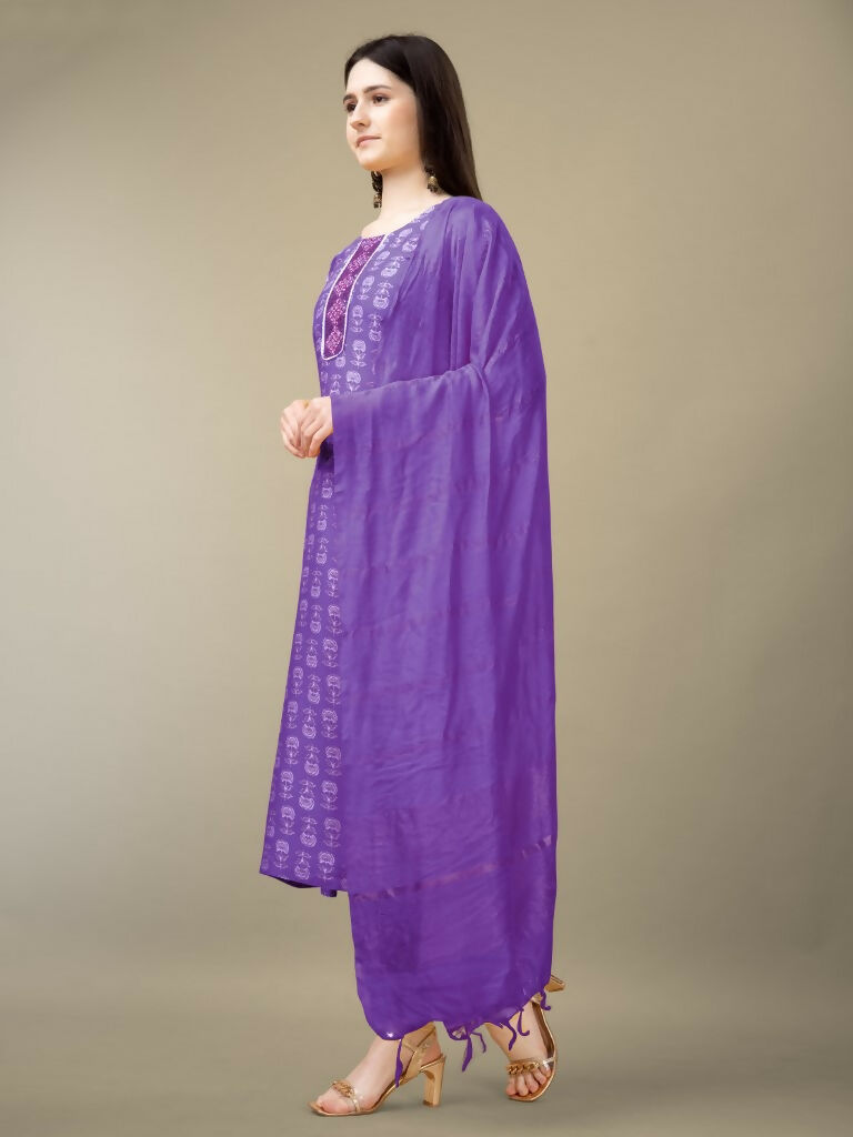 Jyoti Fashion Women's Purple Rayon Embroidery & Sequence work Kurta with Trouser & Dupatta
