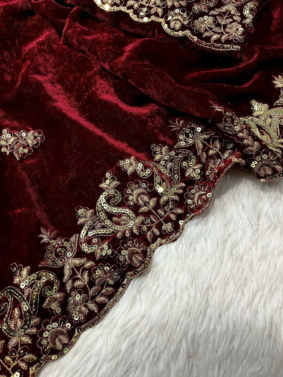 Vastranavya Designer Velvet Sequence & Zari Thread Embroidery work with border and Cutwork Saree - Wine