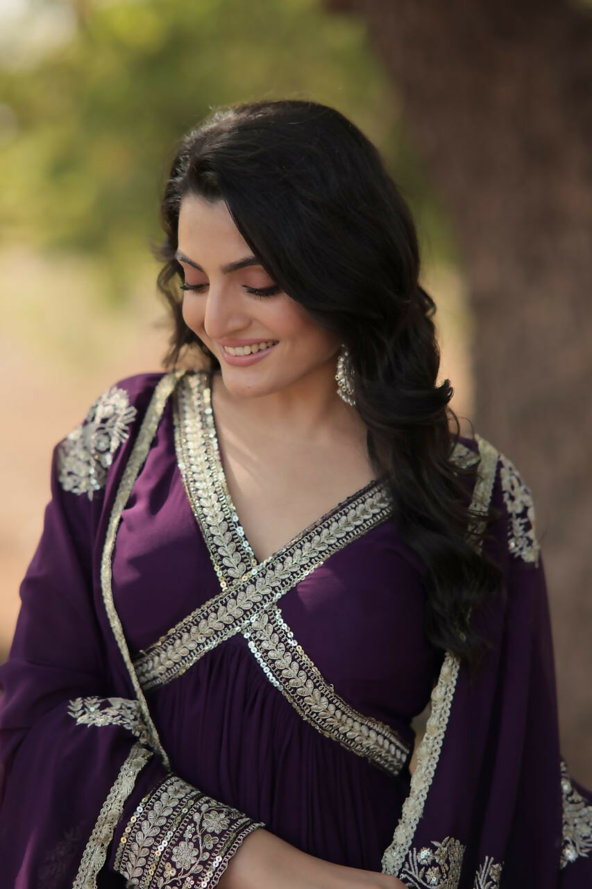 Vastranavya Faux Blooming with Embroidery Zari Sequins-work Gown with Dupatta - Purple