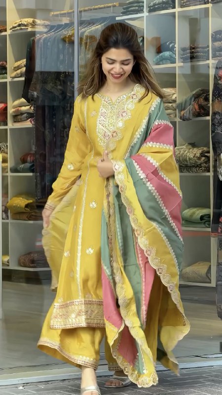 Prazu Fashion Yellow Faux Georgette Embroidered Palazzo Suit