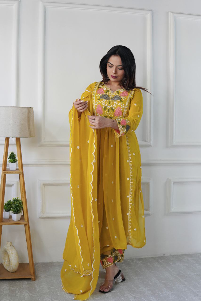Prazu Fashion Yellow Georgette Embroidered Salwar Suit
