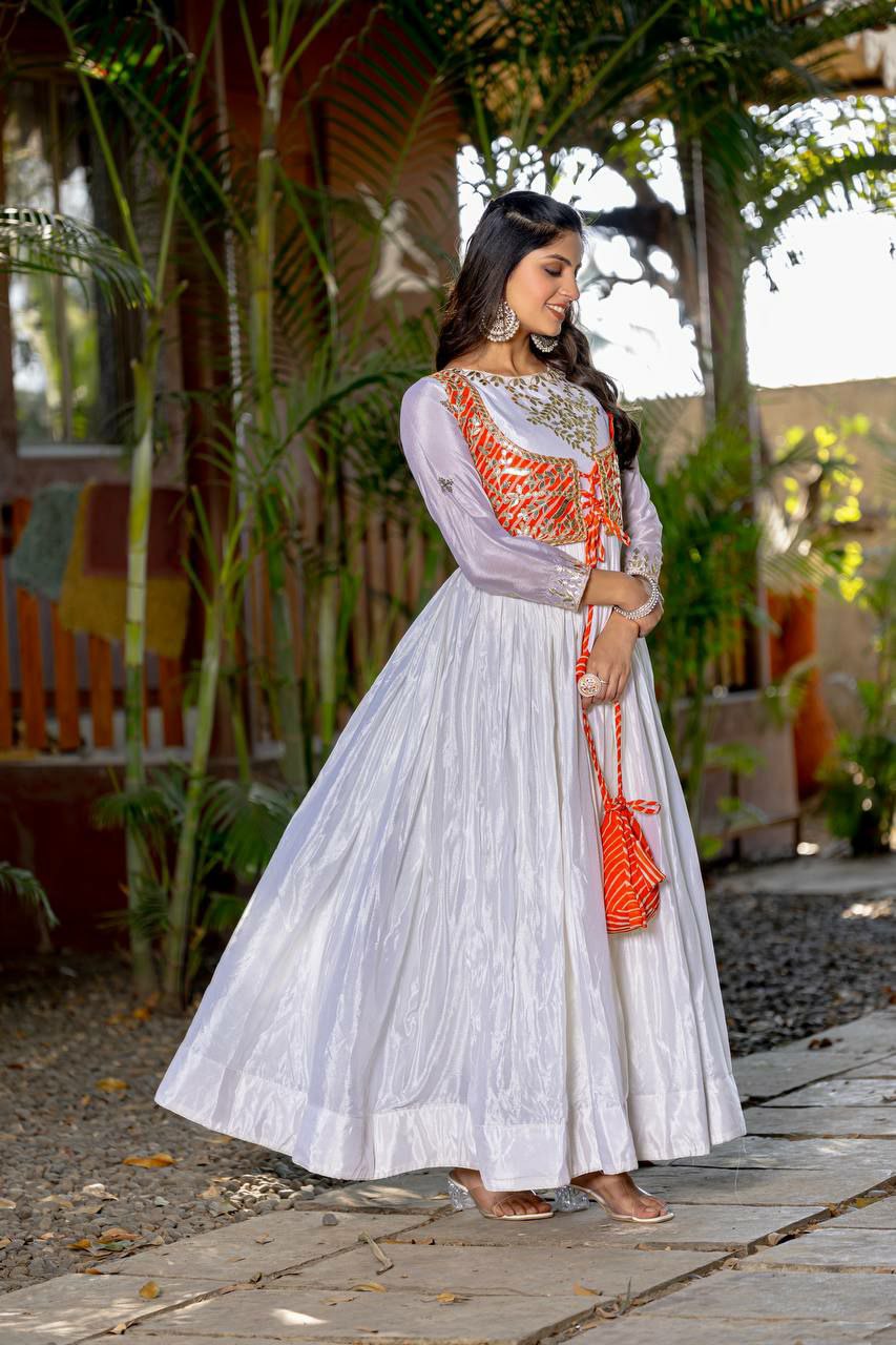 Prazu Fashion Off White Chinon Silk Laheriya Print Gown(Jacket Nd Hand Purse)