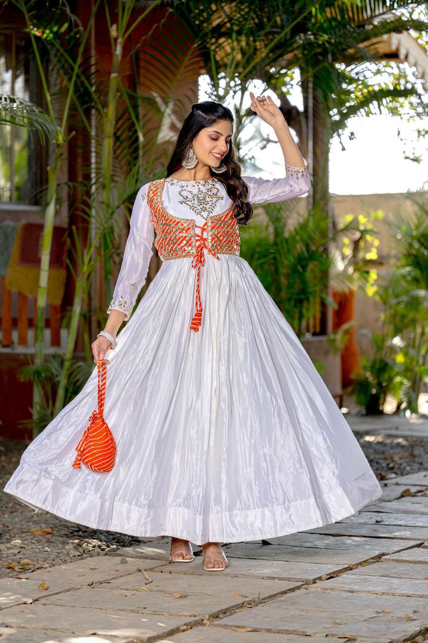 Prazu Fashion Off White Chinon Silk Laheriya Print Gown(Jacket Nd Hand Purse)