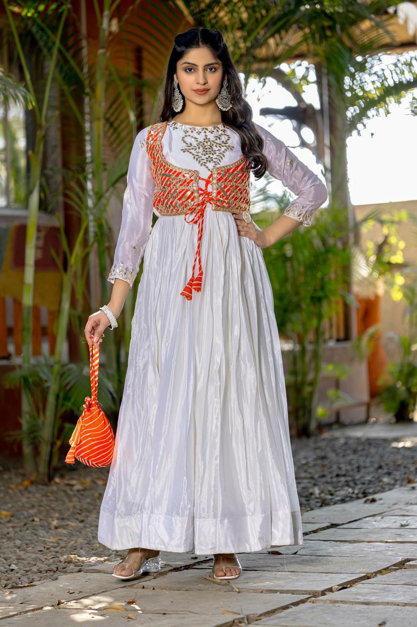 Prazu Fashion Off White Chinon Silk Laheriya Print Gown(Jacket Nd Hand Purse)