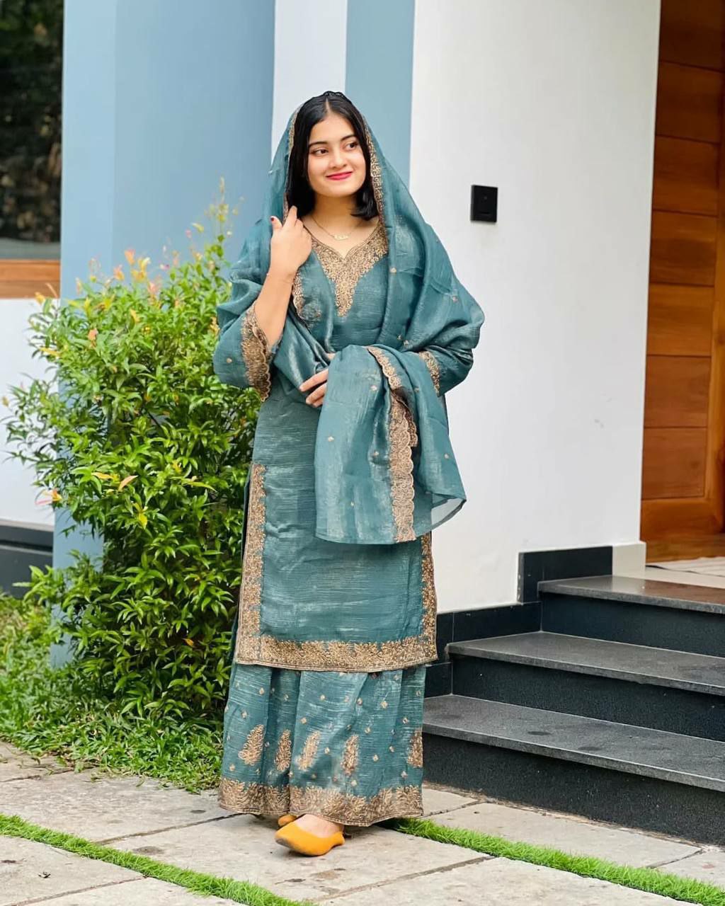 Prazu Fashion Sky Blue Heavy Crunchy Silk Embroidered Palazzo Suit