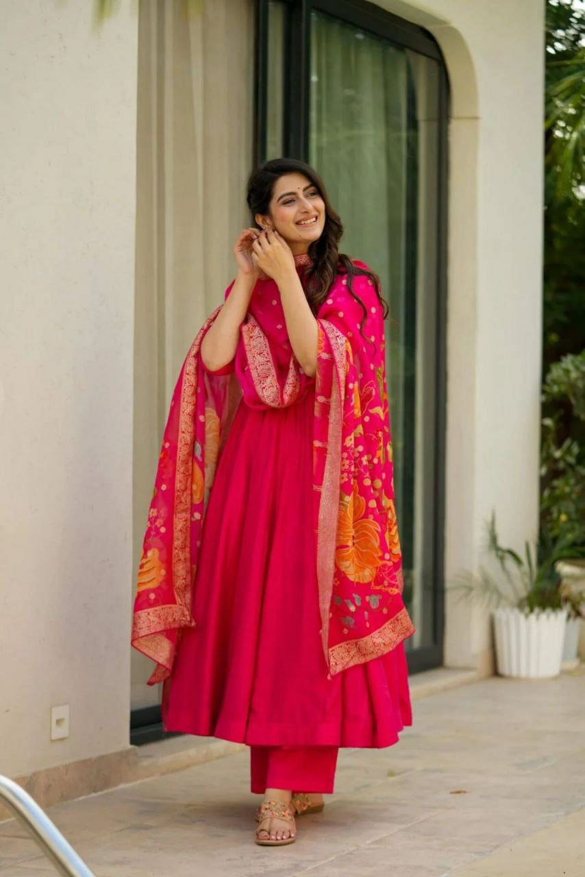 Prazu Fashion Designer Red Chinon Silk Anarkali Suit