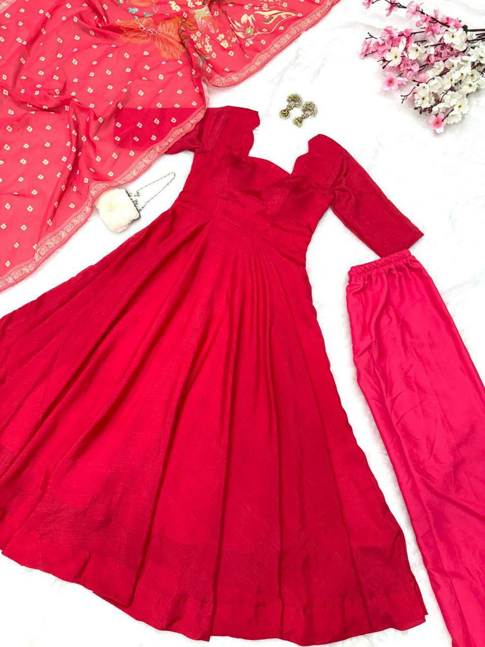 Prazu Fashion Designer Red Chinon Silk Anarkali Suit