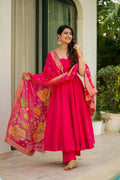 Prazu Fashion Designer Red Chinon Silk Anarkali Suit
