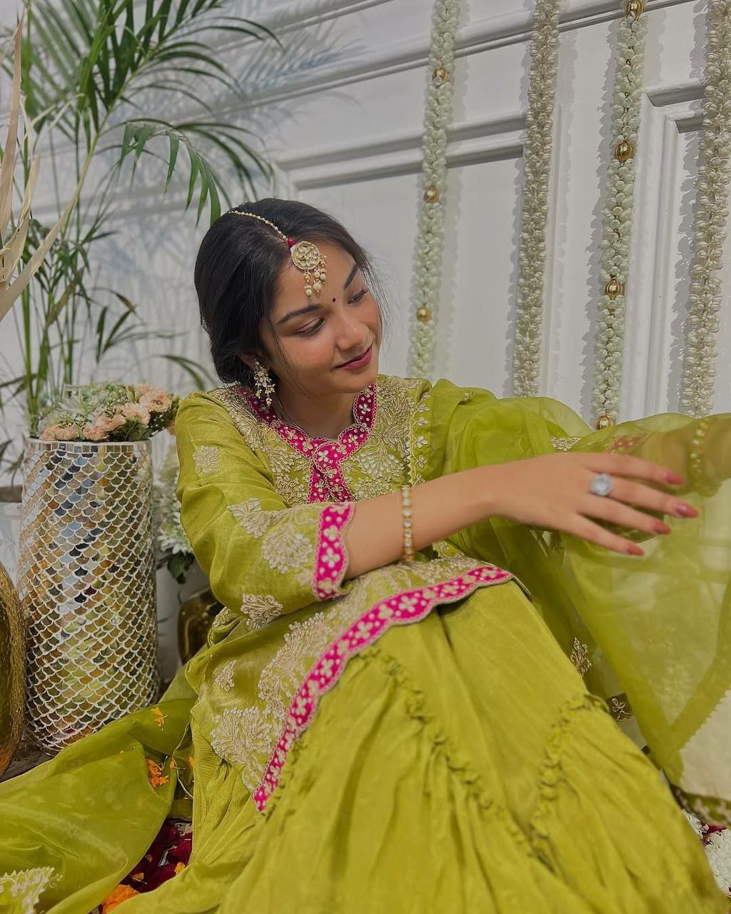 Prazu Fashion Lime Green Chinon Silk Embroidered Sharara Suit