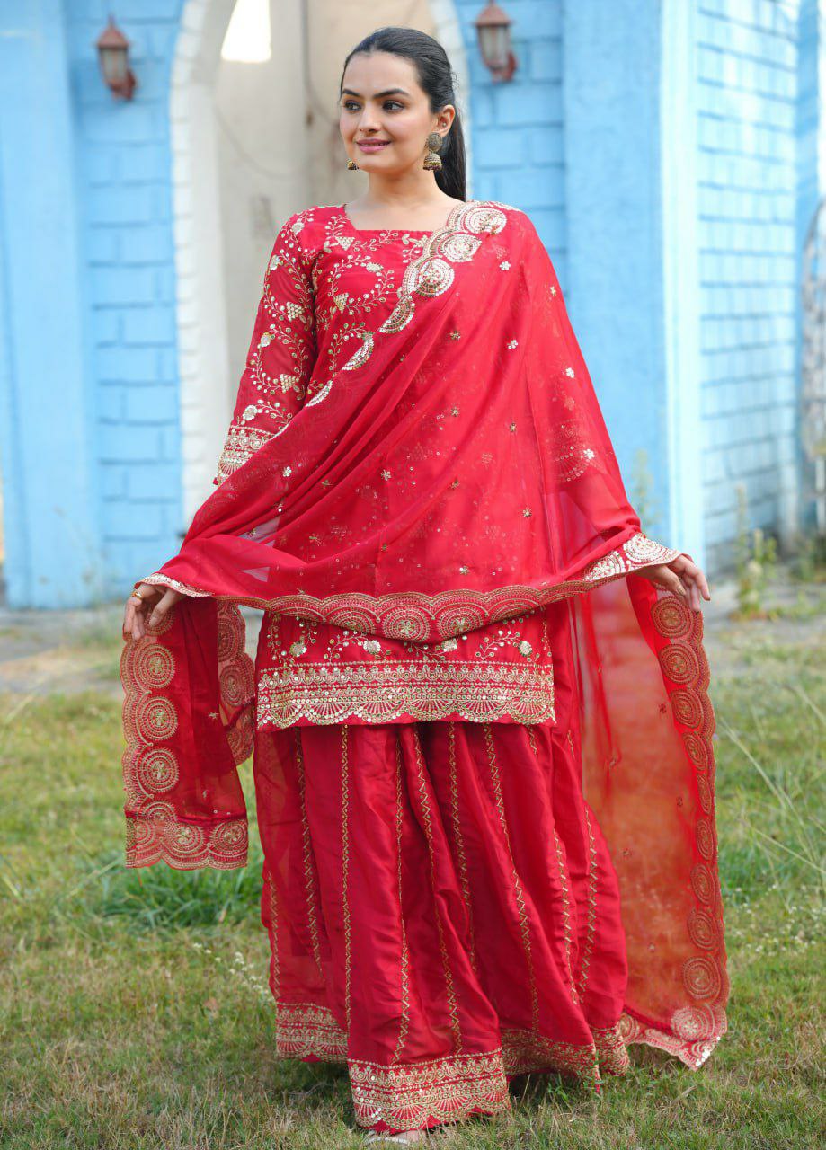 Prazu Fashion Red Rangoli Silk Embroidered Lehenga Style Suit