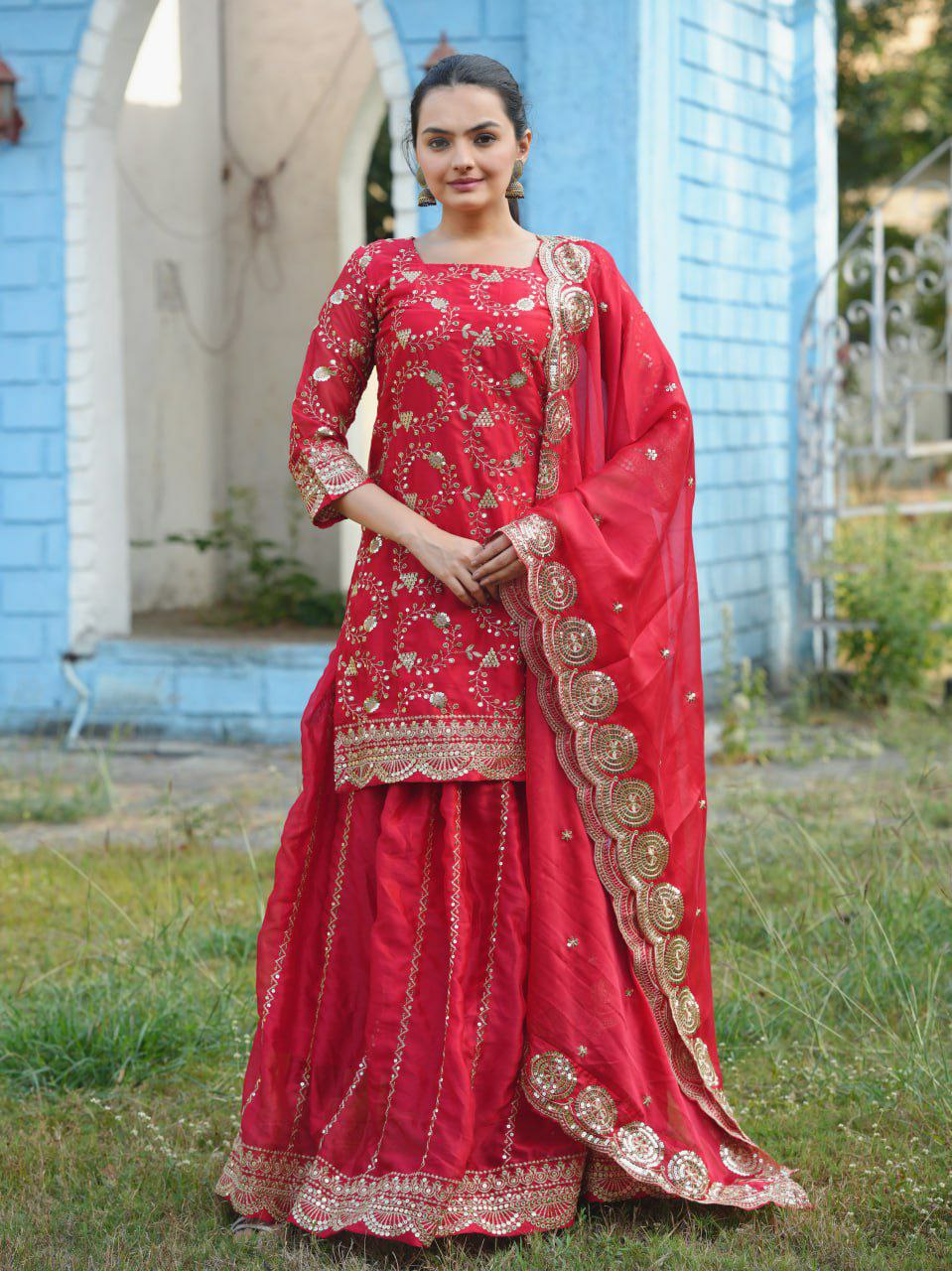 Prazu Fashion Red Rangoli Silk Embroidered Lehenga Style Suit