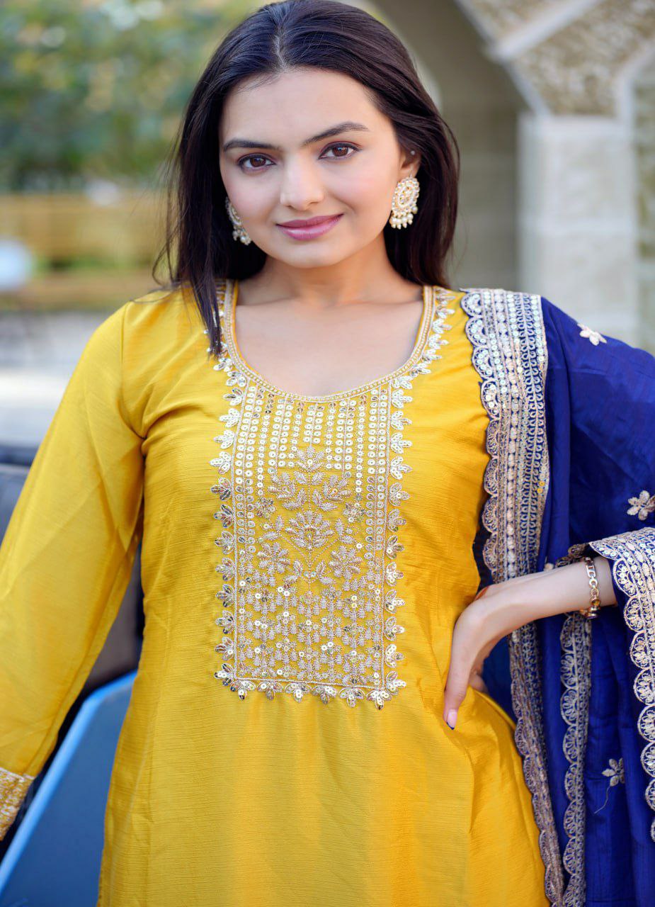 Prazu Fashion Yellow Chinon Silk Embroidered Salwar Suit