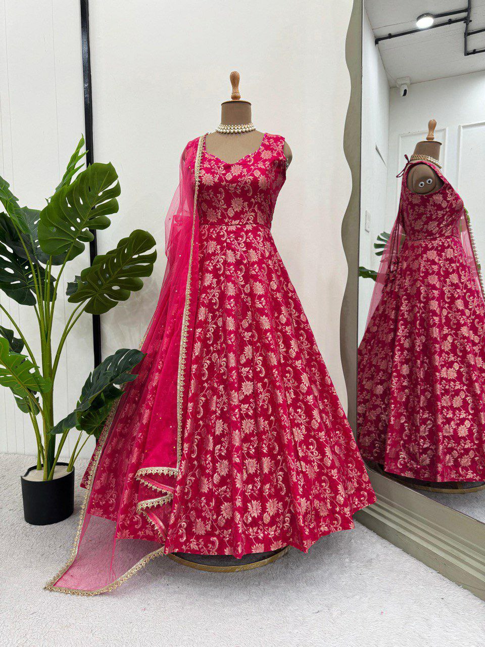 Prazu Fashion Pink Jacquard Silk Weaving Gown With Dupatta