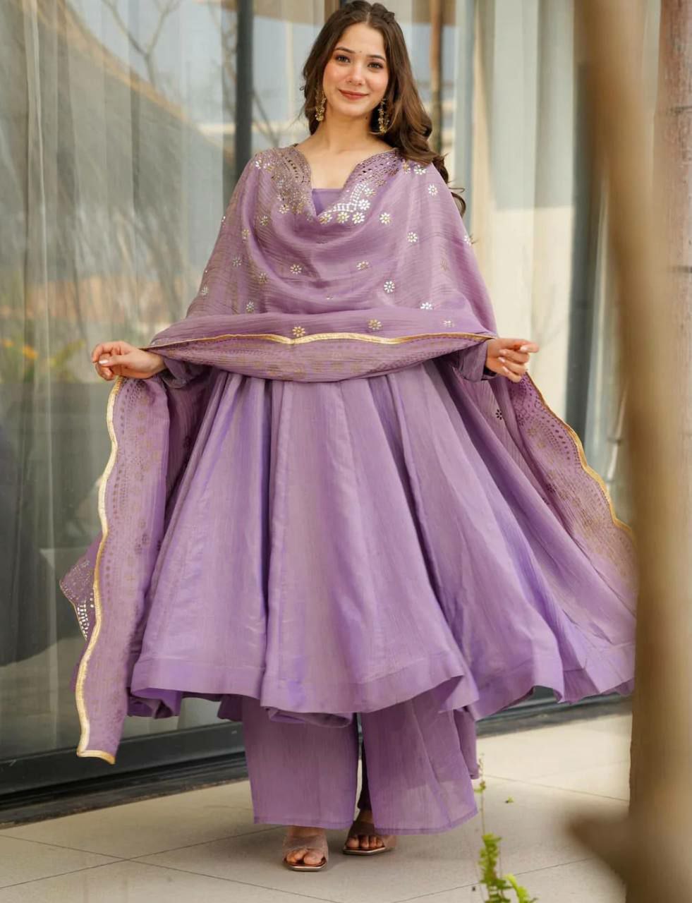 Prazu Fashion Lavender Silk Designer Anarkali Palzzo Suit