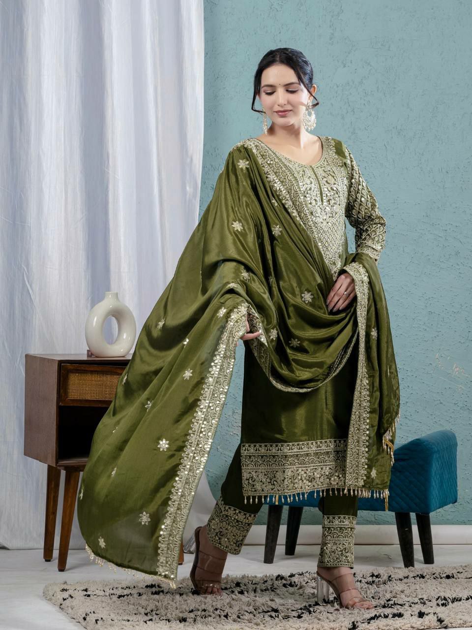Prazu Fashion Mahendi Chinon Silk Embroidered Salwar Suit