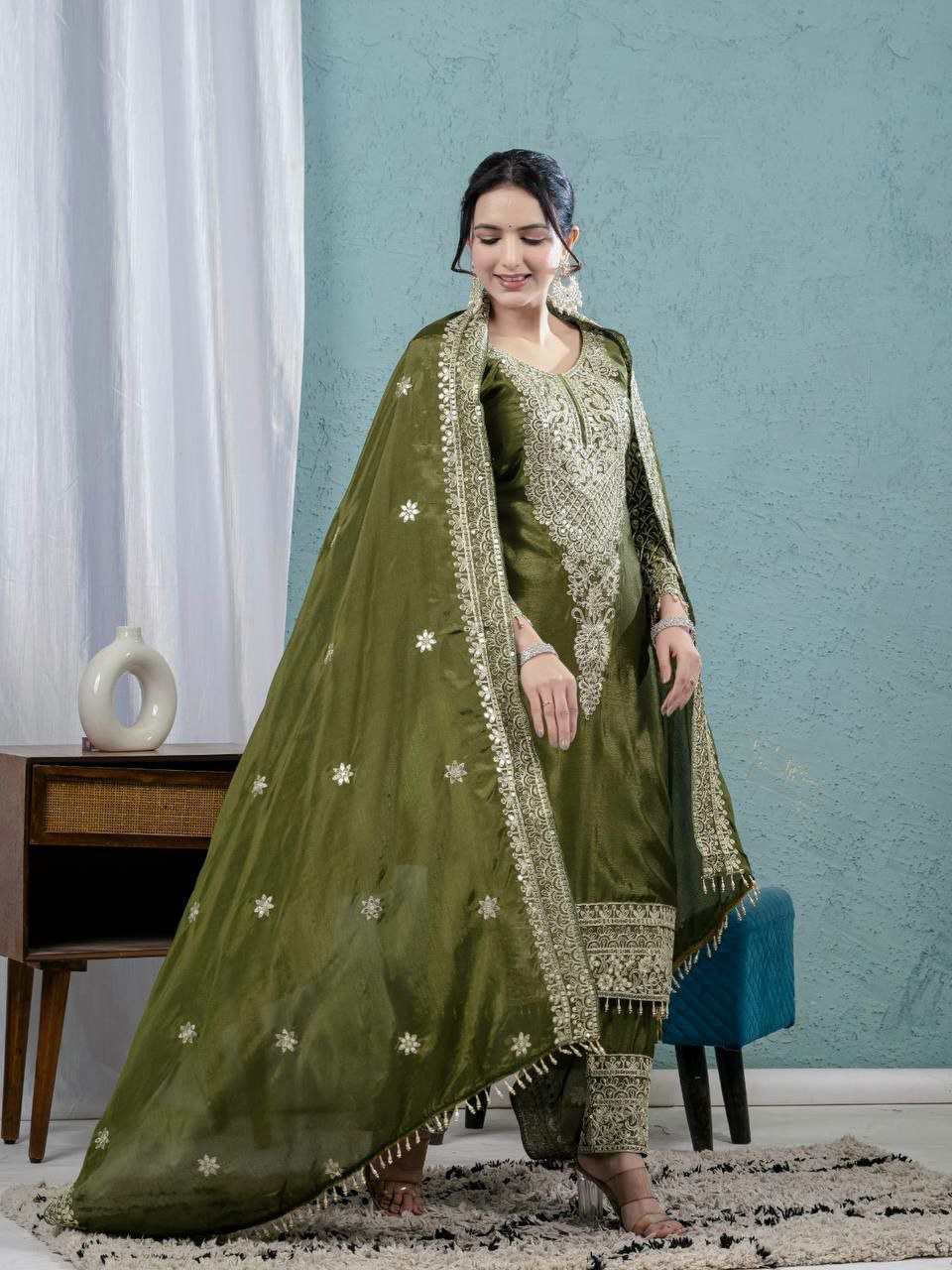 Prazu Fashion Mahendi Chinon Silk Embroidered Salwar Suit