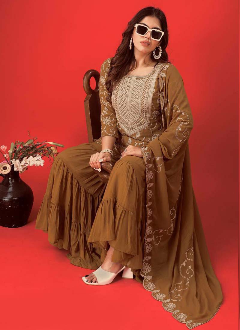 Prazu Fashion Beige Georgette Embroidered Sharara Suit