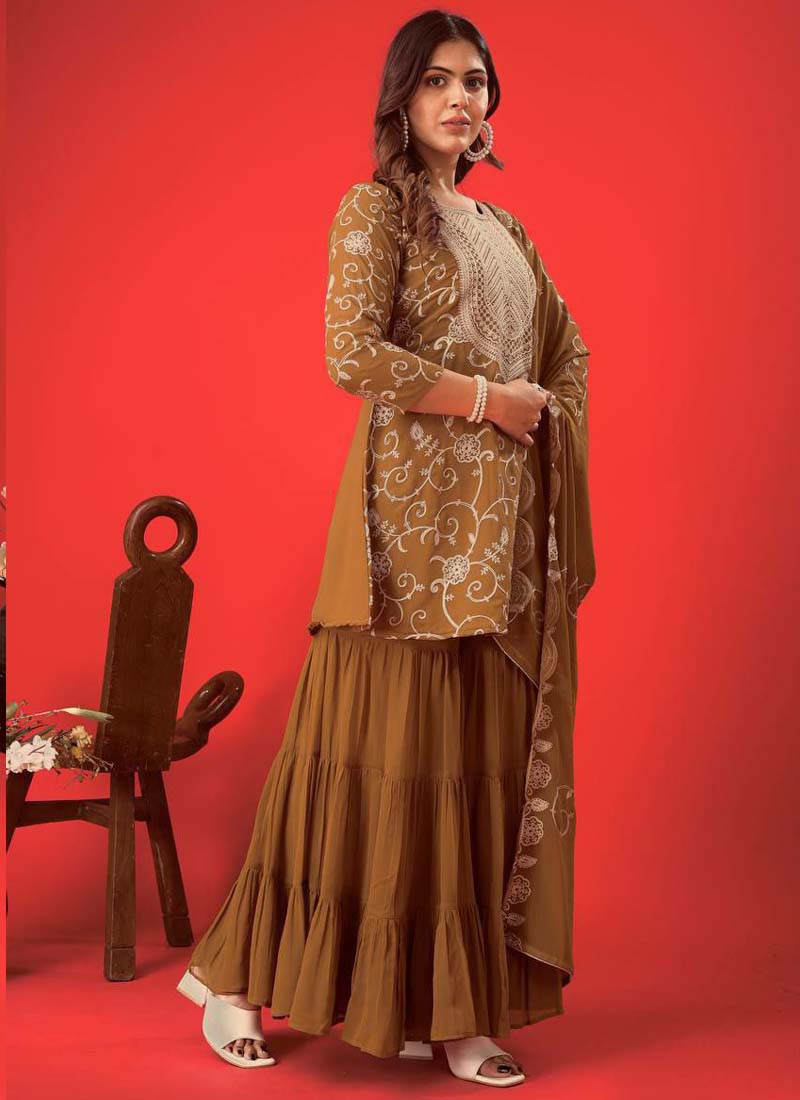 Prazu Fashion Beige Georgette Embroidered Sharara Suit