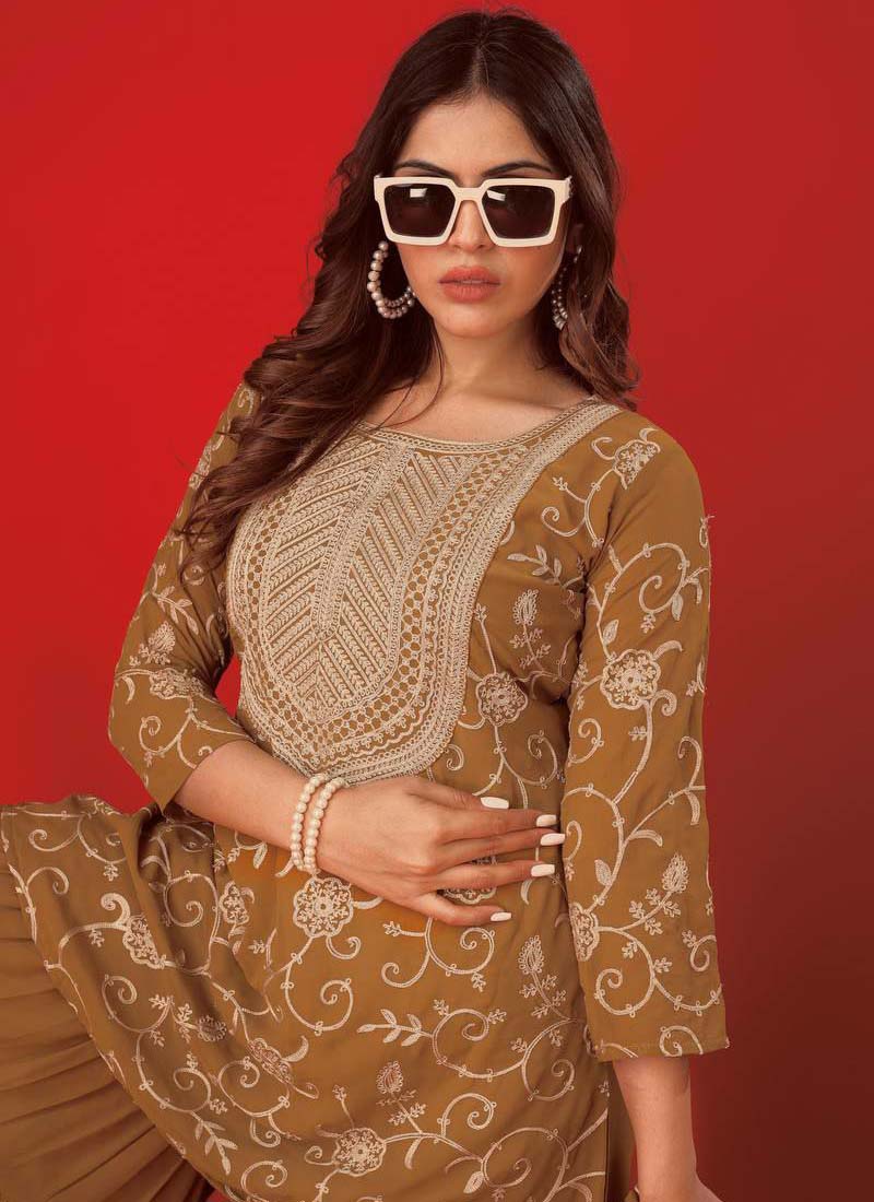 Prazu Fashion Beige Georgette Embroidered Sharara Suit