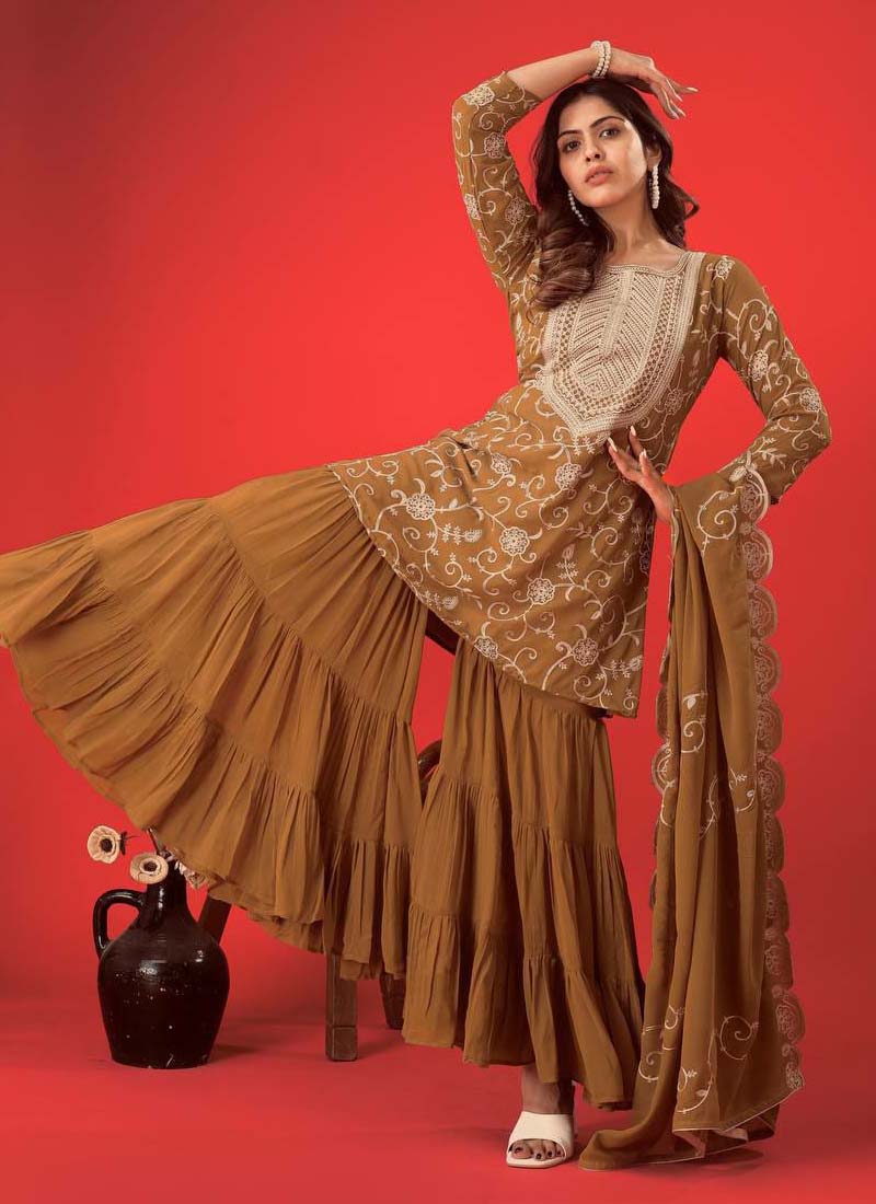 Prazu Fashion Beige Georgette Embroidered Sharara Suit