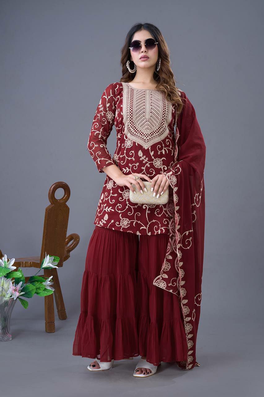 Prazu Fashion Maroon Georgette Embroidered Sharara Suit