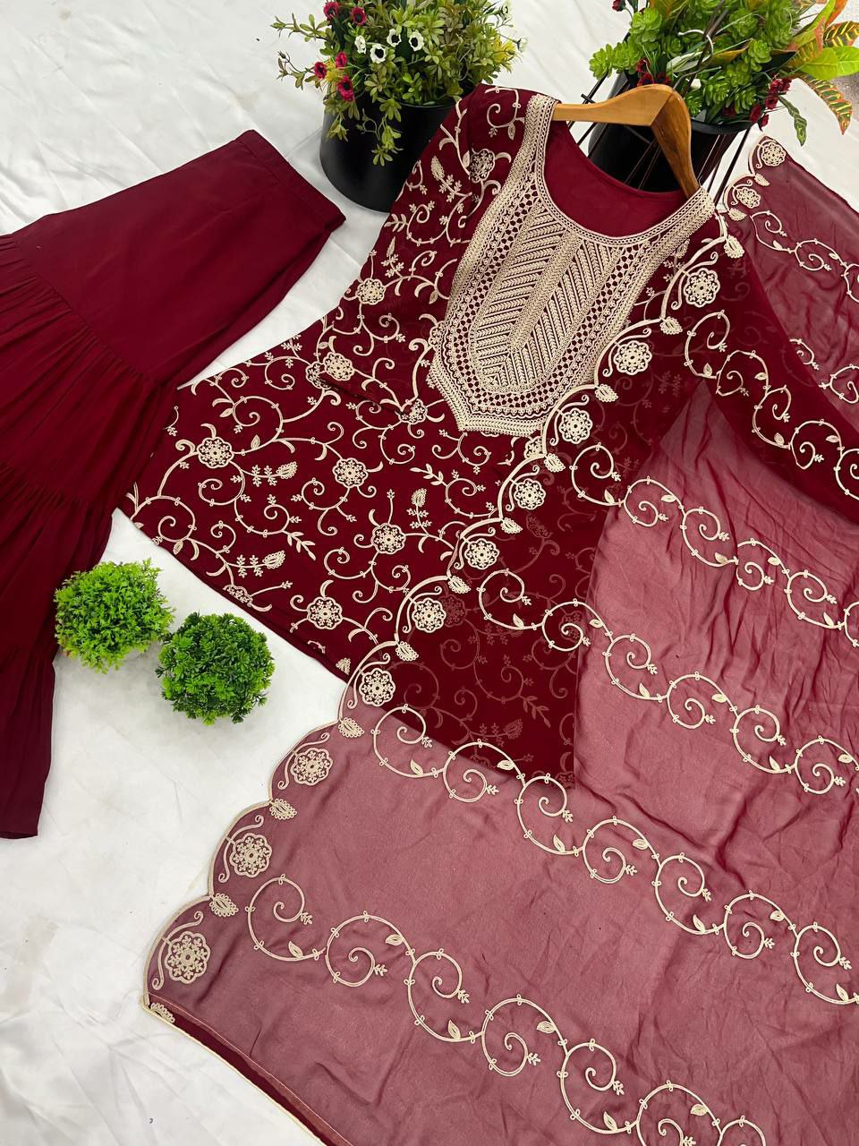 Prazu Fashion Maroon Georgette Embroidered Sharara Suit