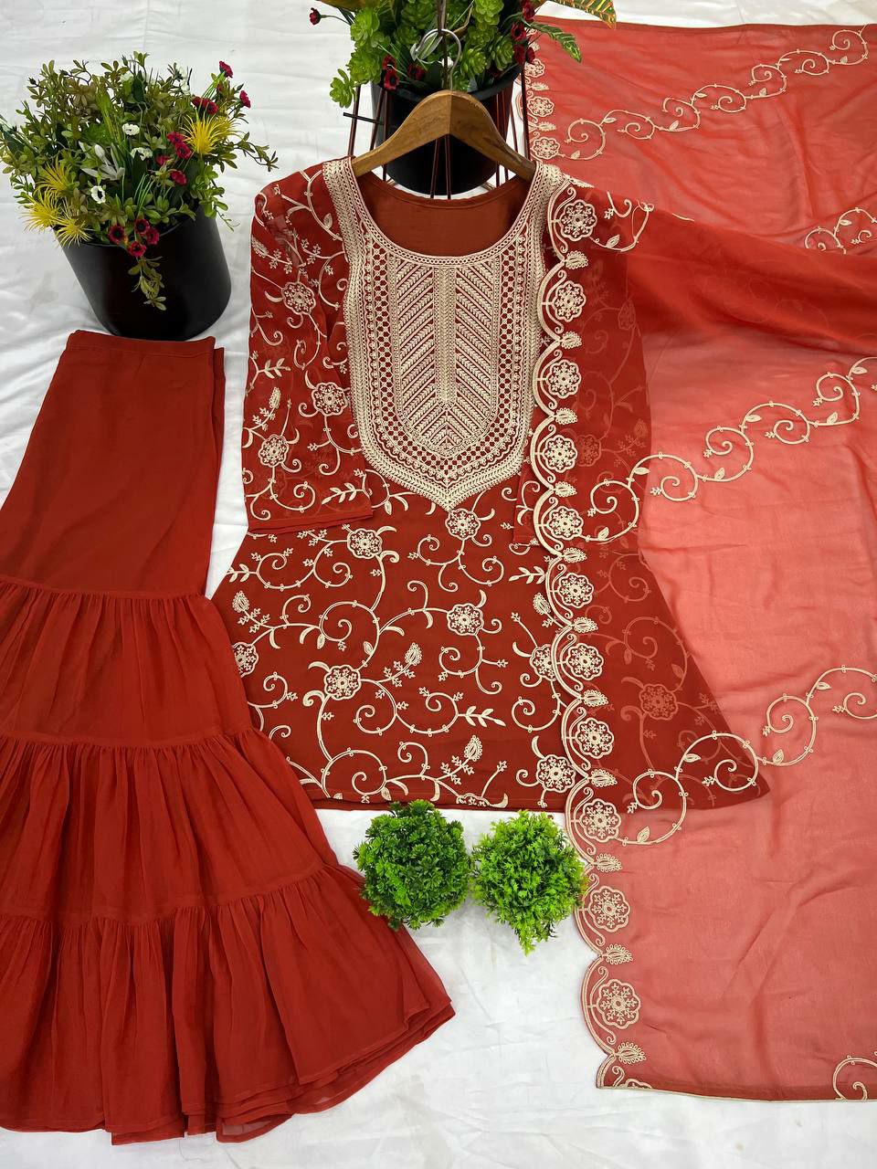 Prazu Fashion Orange Georgette Embroidered Sharara Suit