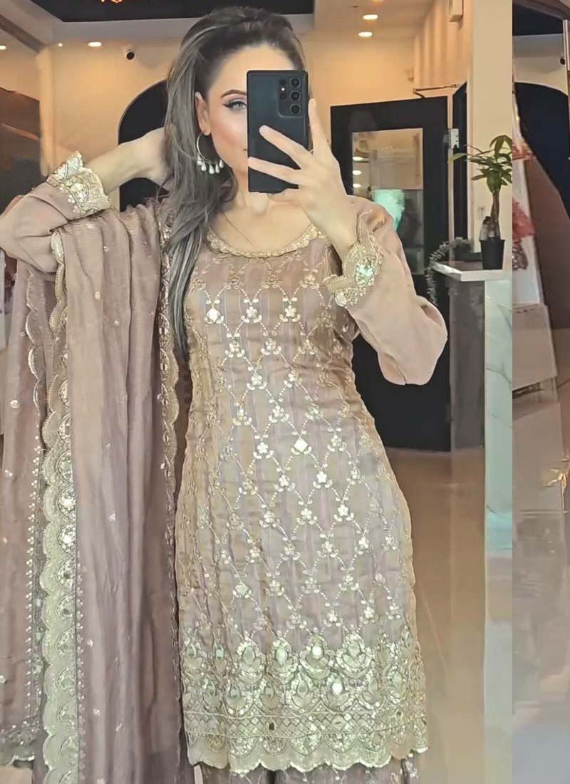 Prazu Fashion Beige Chinon Silk Embroidered Sharara Suit