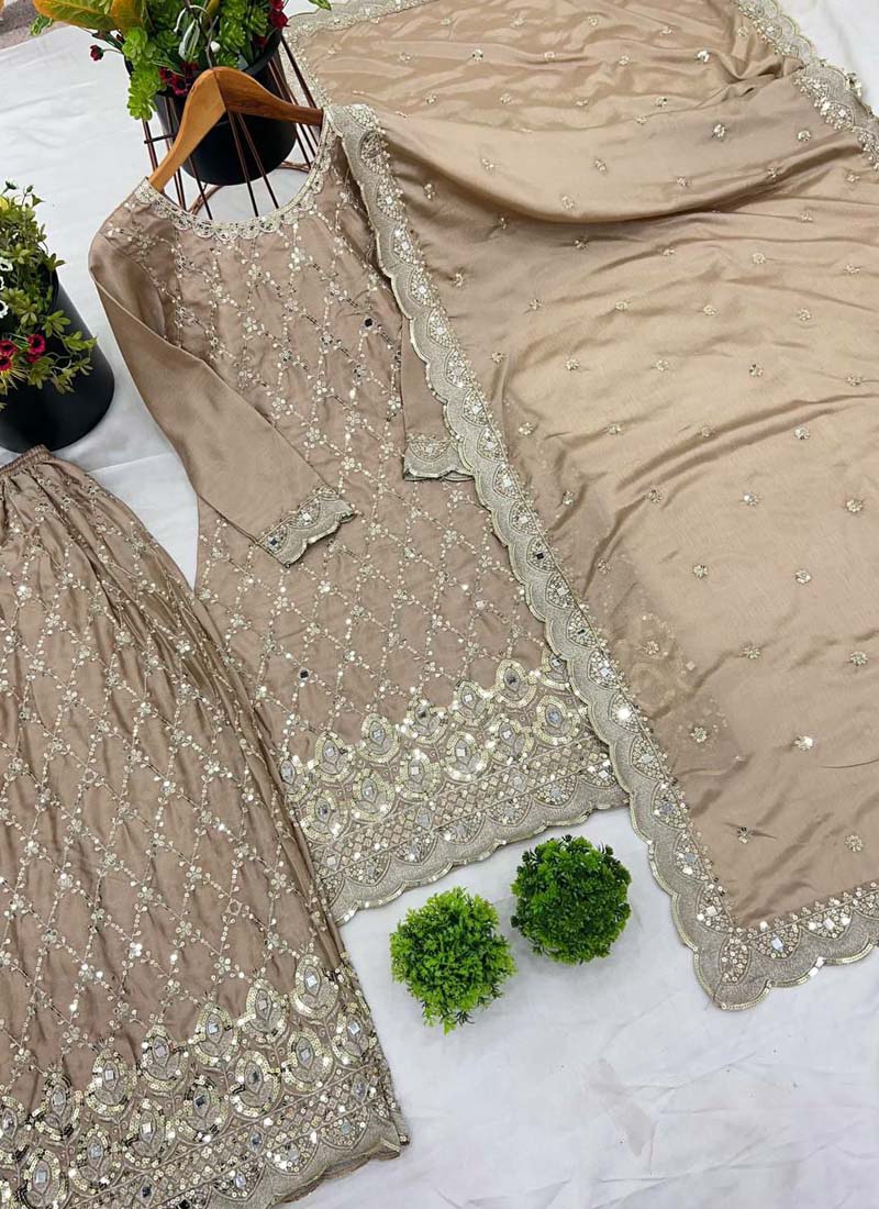 Prazu Fashion Beige Chinon Silk Embroidered Sharara Suit
